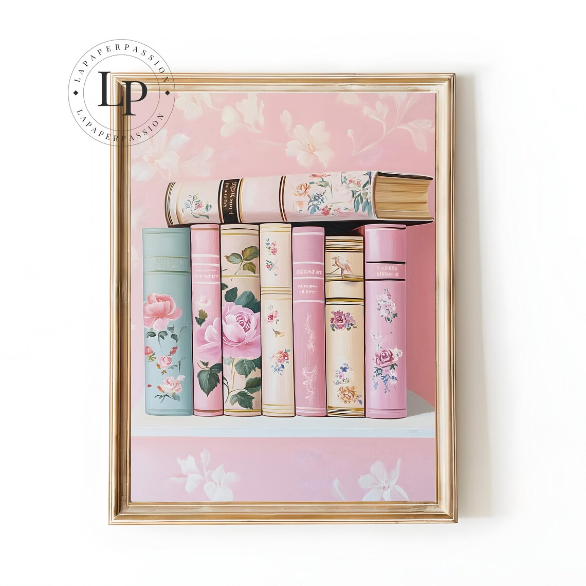 Pink Romantic Floral Book Stack with Rose Covered Spines Poster
