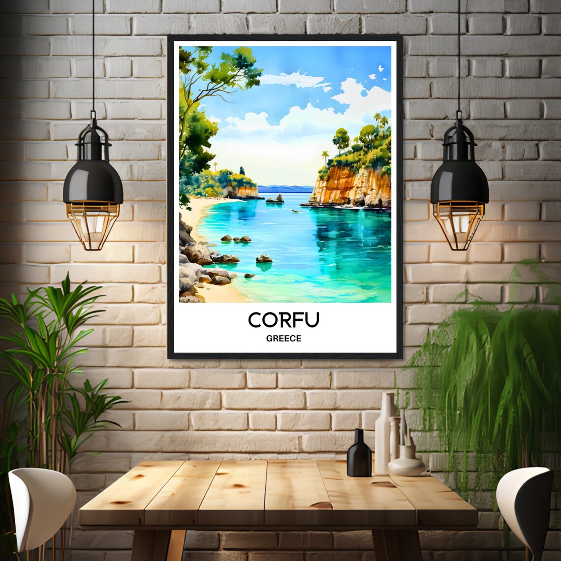 Corfu Greece Watercolor Travel Poster With Turquoise Bay And Cliffs - Image 3