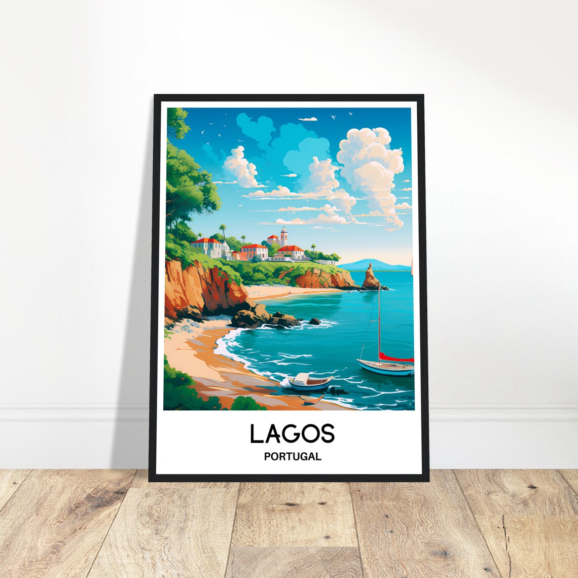 Lagos Portugal Dramatic Red Cliffs Beach And Sailboats Travel Poster