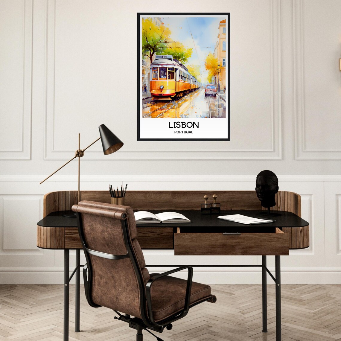 Lisbon Yellow Tram Watercolor Portugal Old Street Scene Poster - Image 2