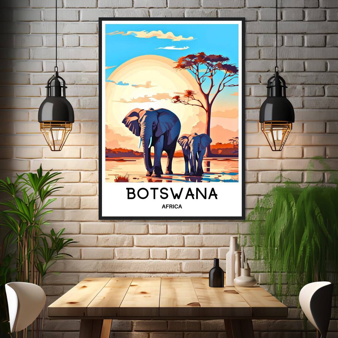 Botswana Africa Elephant Pair Sunset Savanna Safari Travel Poster - Image 3