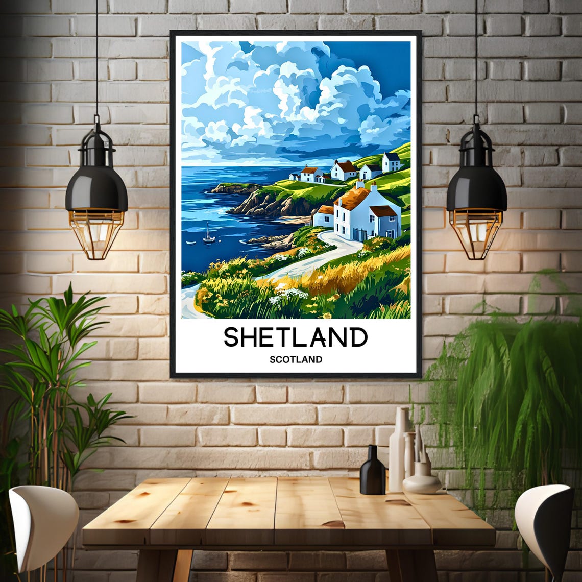 Shetland Scotland White Crofts on Green Coastal Headland Poster - Image 3