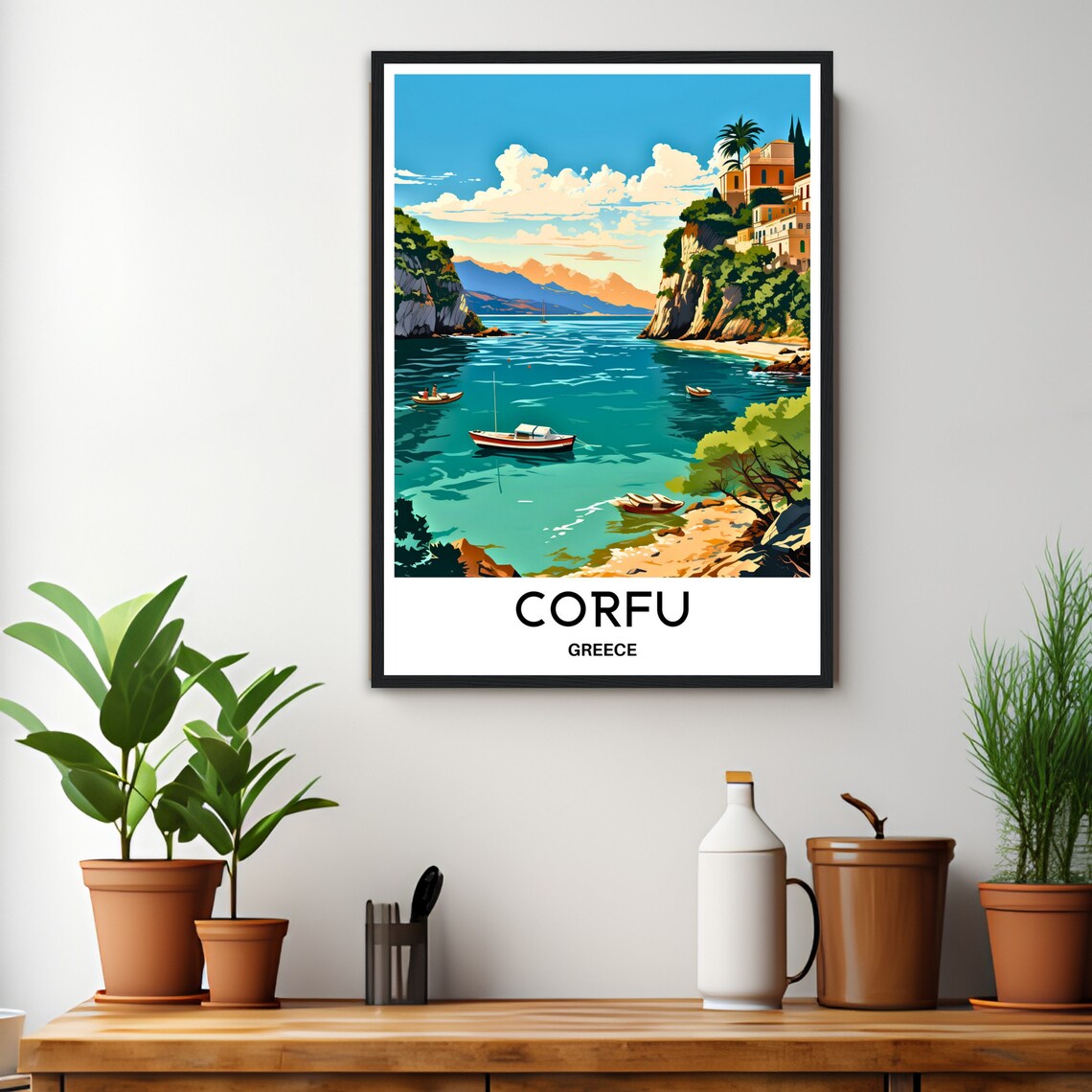 Corfu Greece Emerald Bay Island Coastline Boats Travel Poster - Image 2