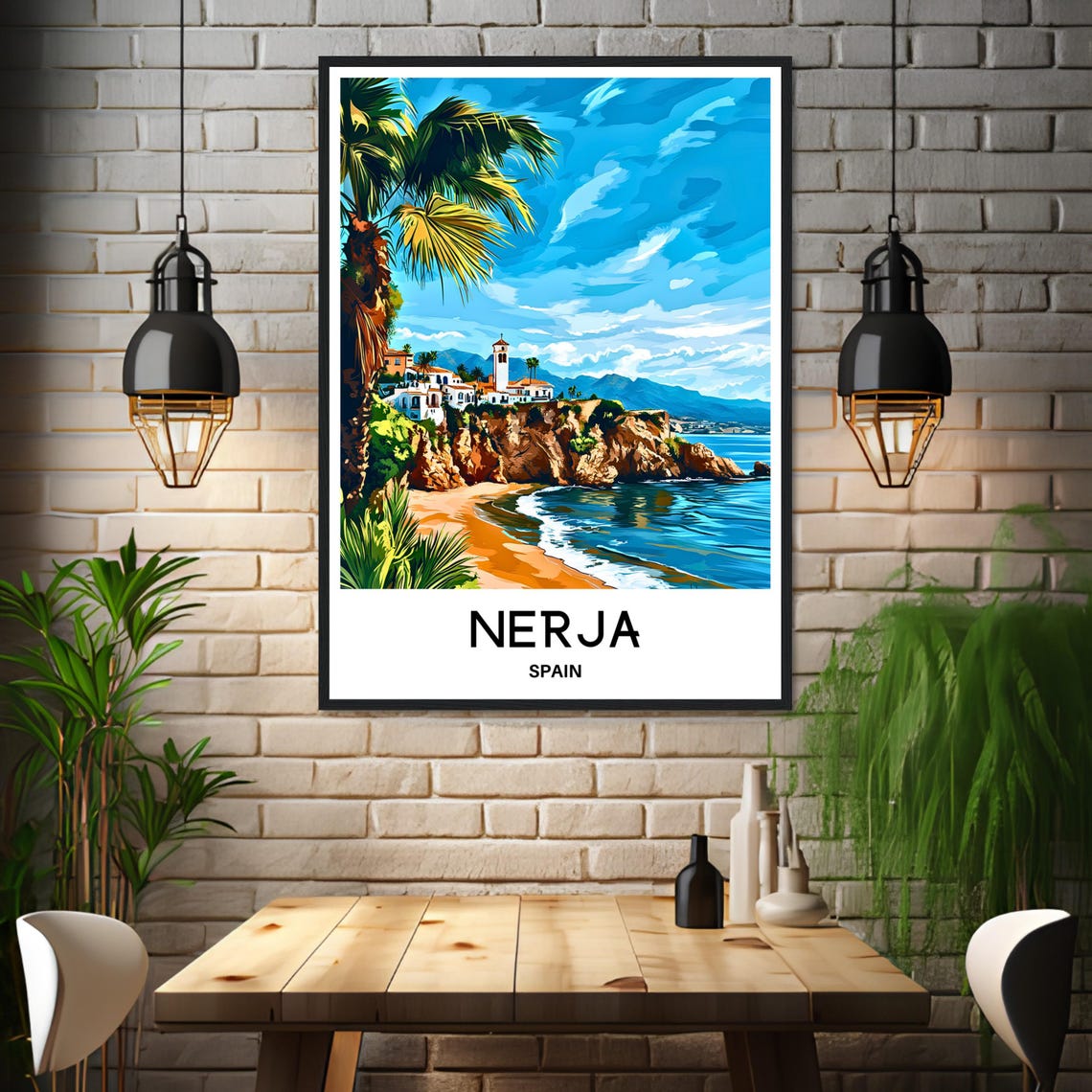 Nerja Spain Cliffside Beach Palms Mediterranean Coast Poster - Image 3