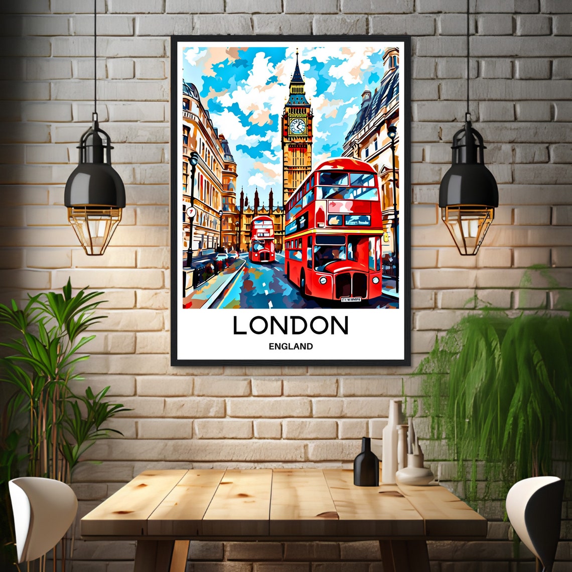 London Big Ben Red Double Decker Buses England Travel Poster - Image 3