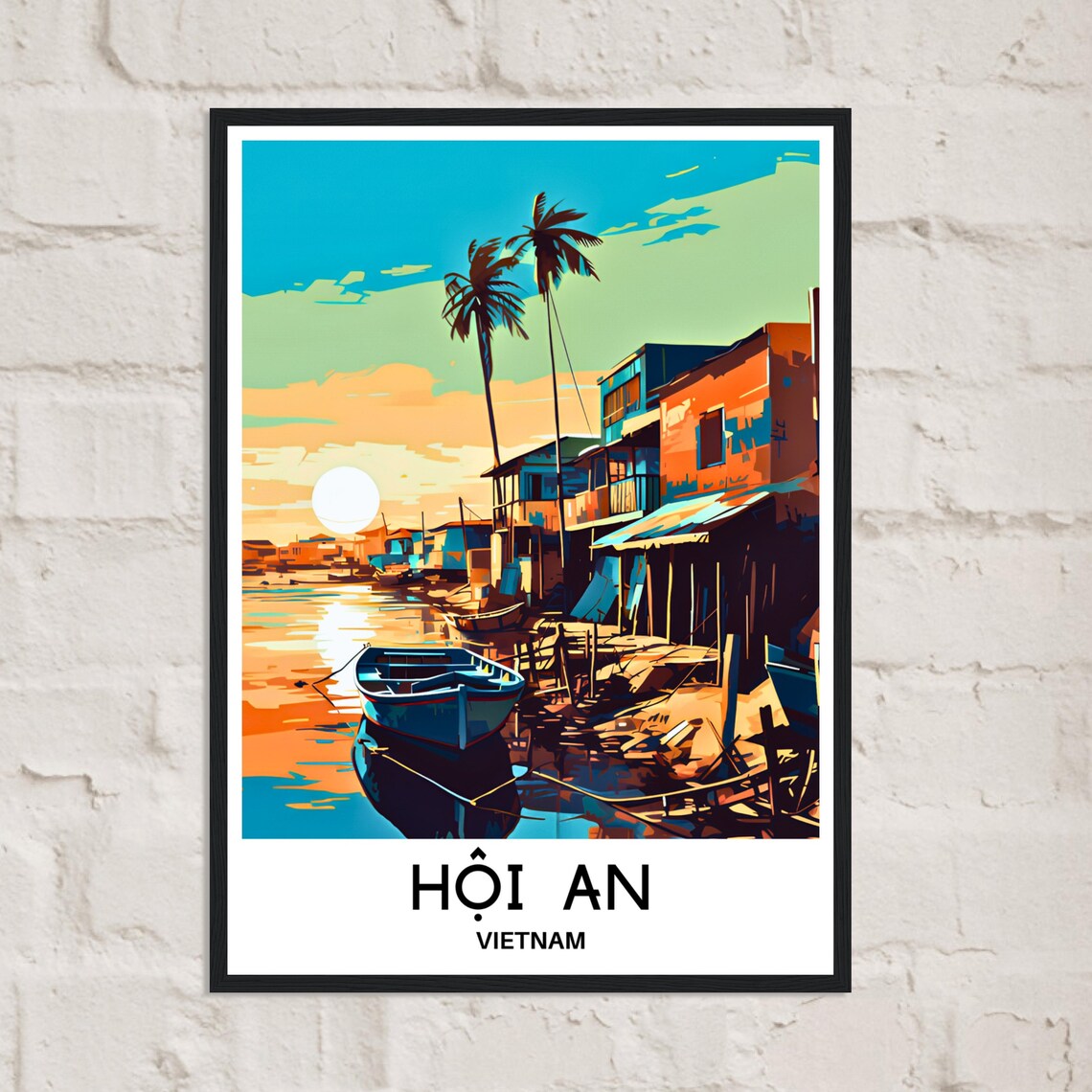Hoi An Vietnam Fishing Boats Sunset Harbor Warm Retro Art Poster - Image 2