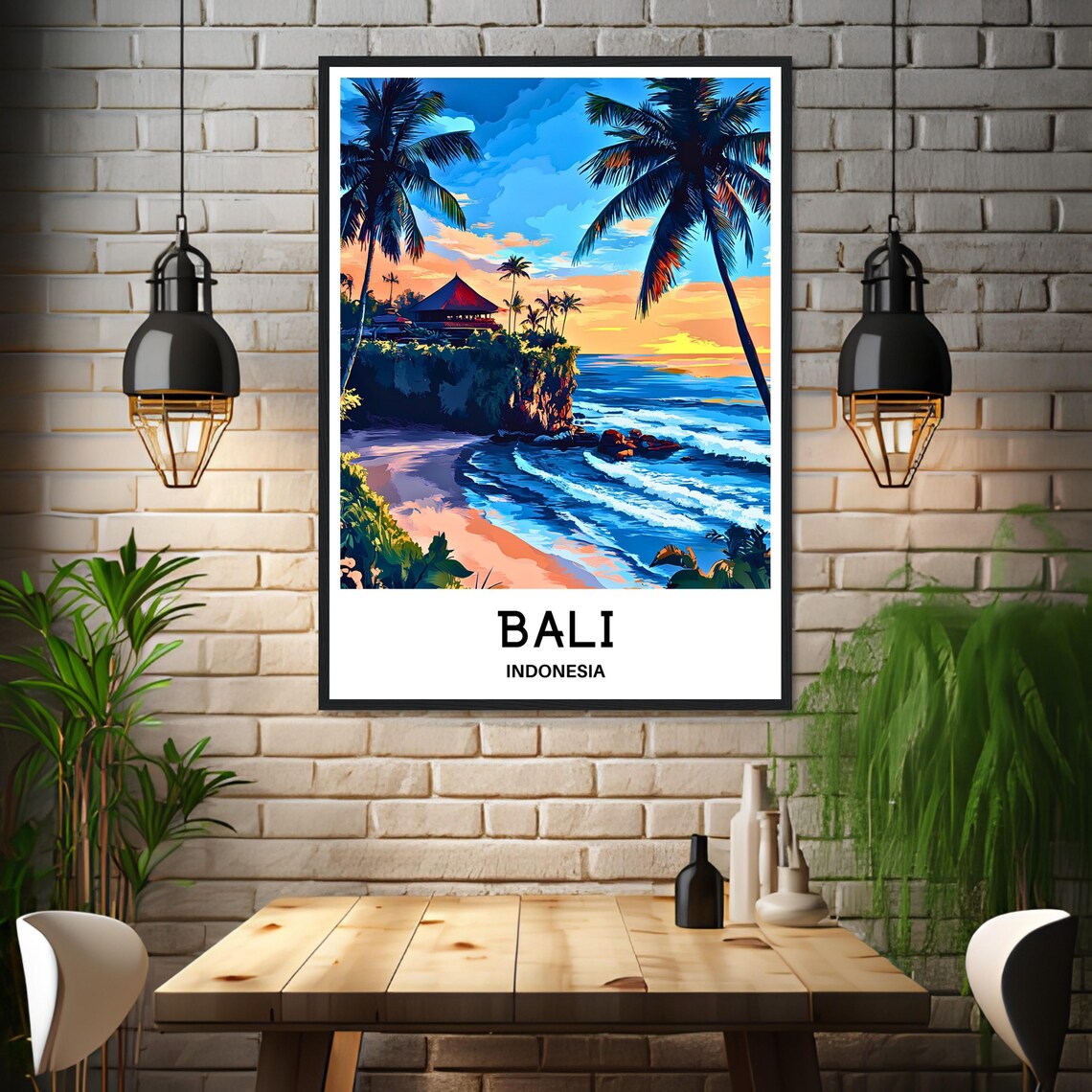 Bali Indonesia Sunset Beach Palm Trees Cliff Temple Travel Poster - Image 3