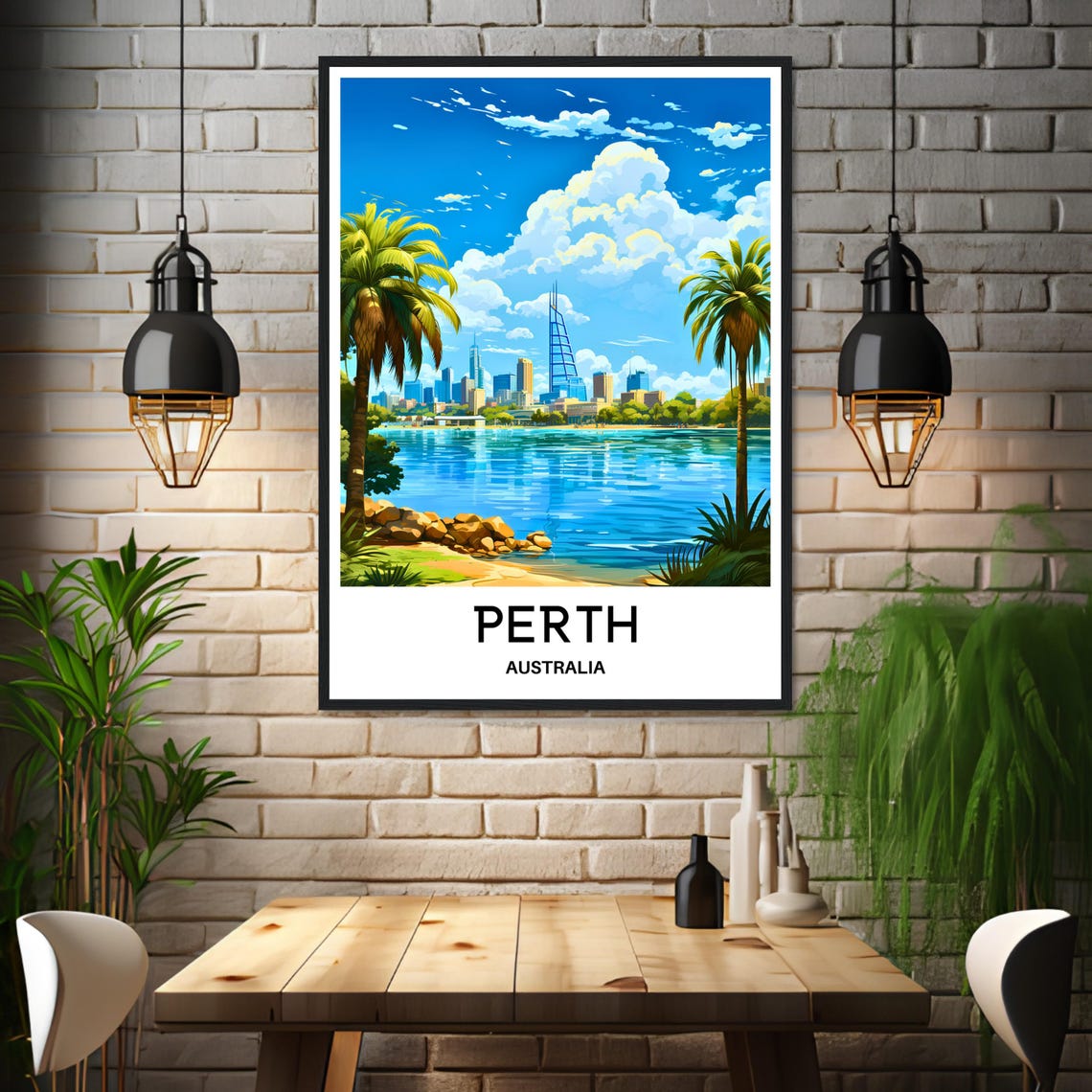 Perth Australia City Skyline Palm Trees Waterfront Travel Poster - Image 3