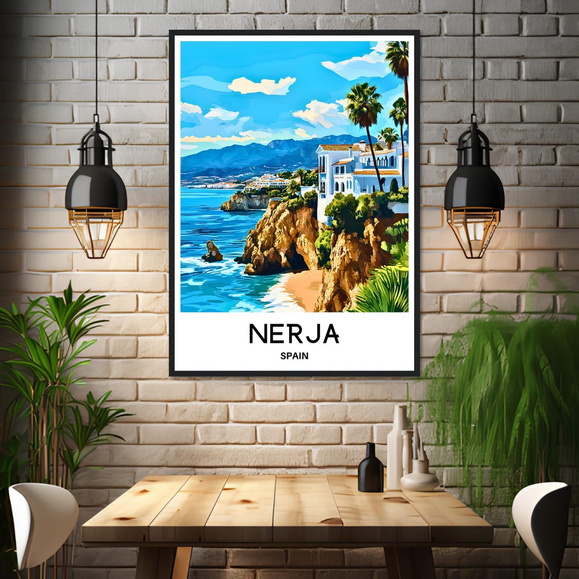 Nerja Spain Coastal Cliffs White Village Vintage Travel Art Poster - Image 3