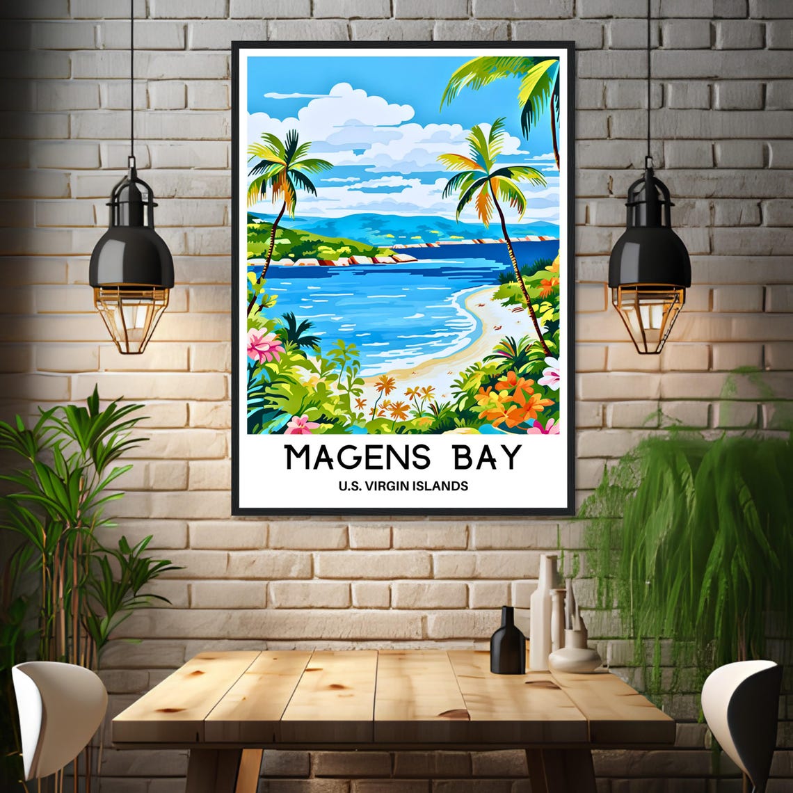 Magens Bay Tropical Beach with Palms and Bright Flowers Poster - Image 3