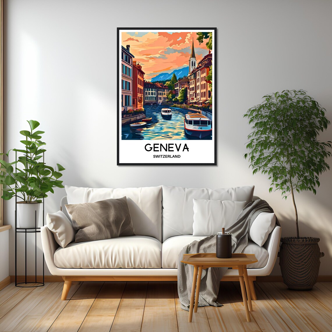 Geneva Switzerland Golden Riverside Sunset Boats Travel Poster - Image 2