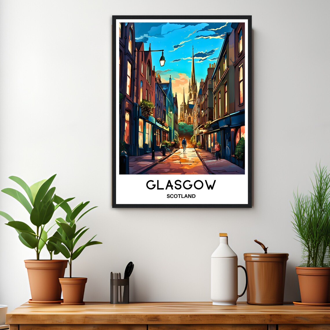 Glasgow Scotland Evening Old Street Church Spire Glow Travel Poster - Image 3