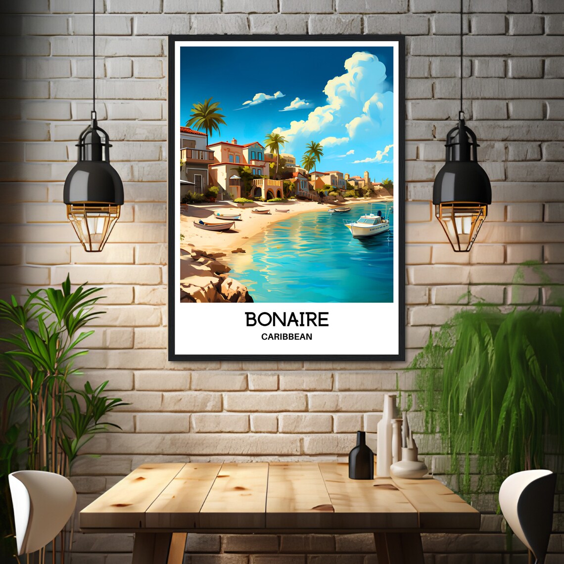Bonaire Caribbean Harbor Sailboats Waterfront Town Travel Poster - Image 3
