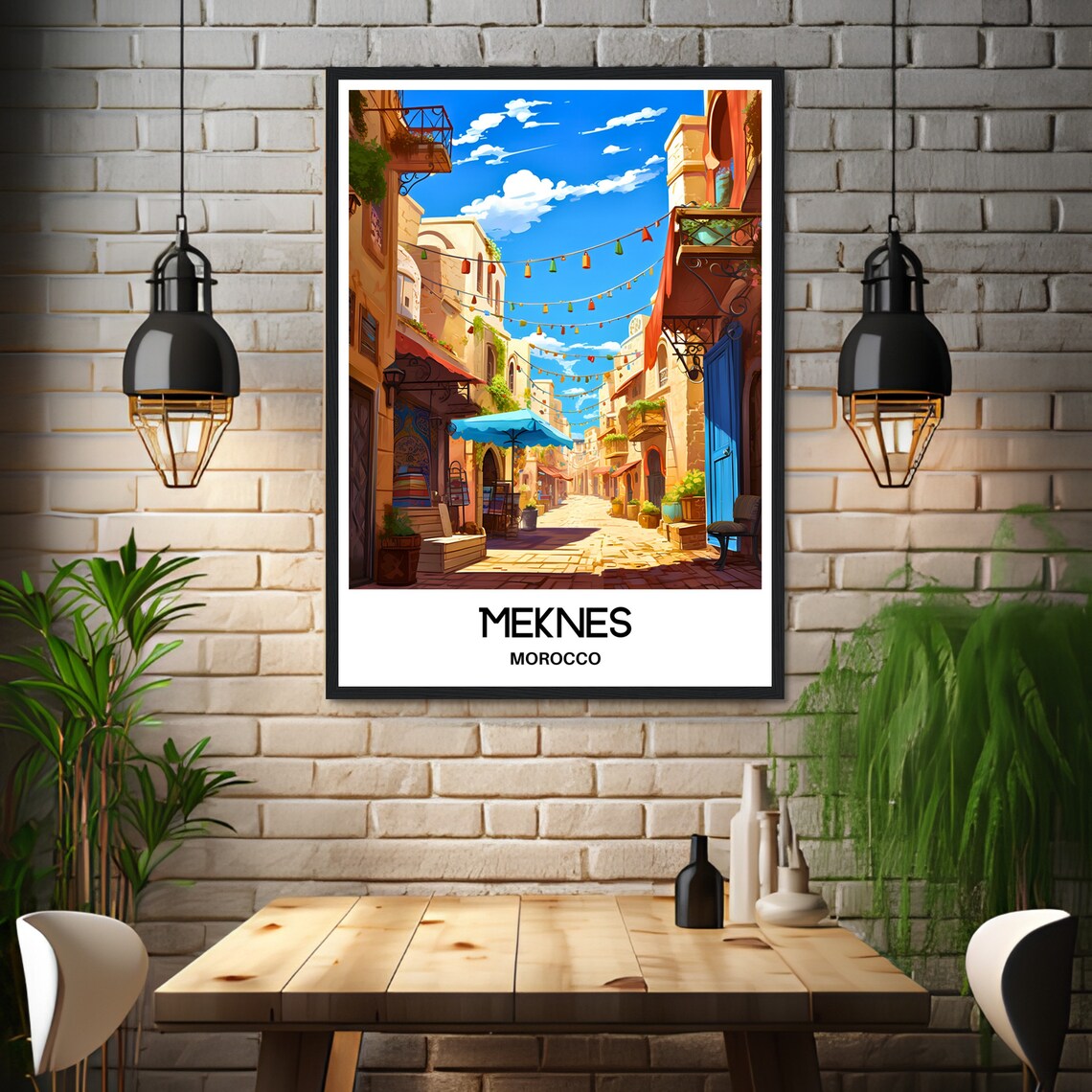 Meknes Morocco Medina Street Colorful Lanterns Travel Poster - Image 3