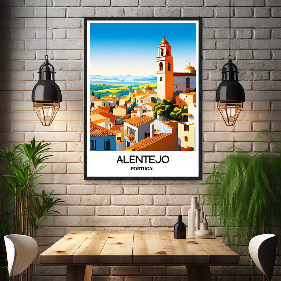Alentejo Portugal Whitewashed Village Church Tower Sunny Travel Poster - Image 3