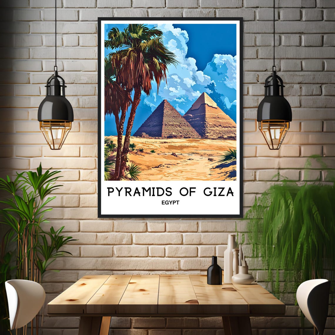 Pyramids Of Giza Egypt Palm Tree Desert Travel Illustration Poster - Image 3