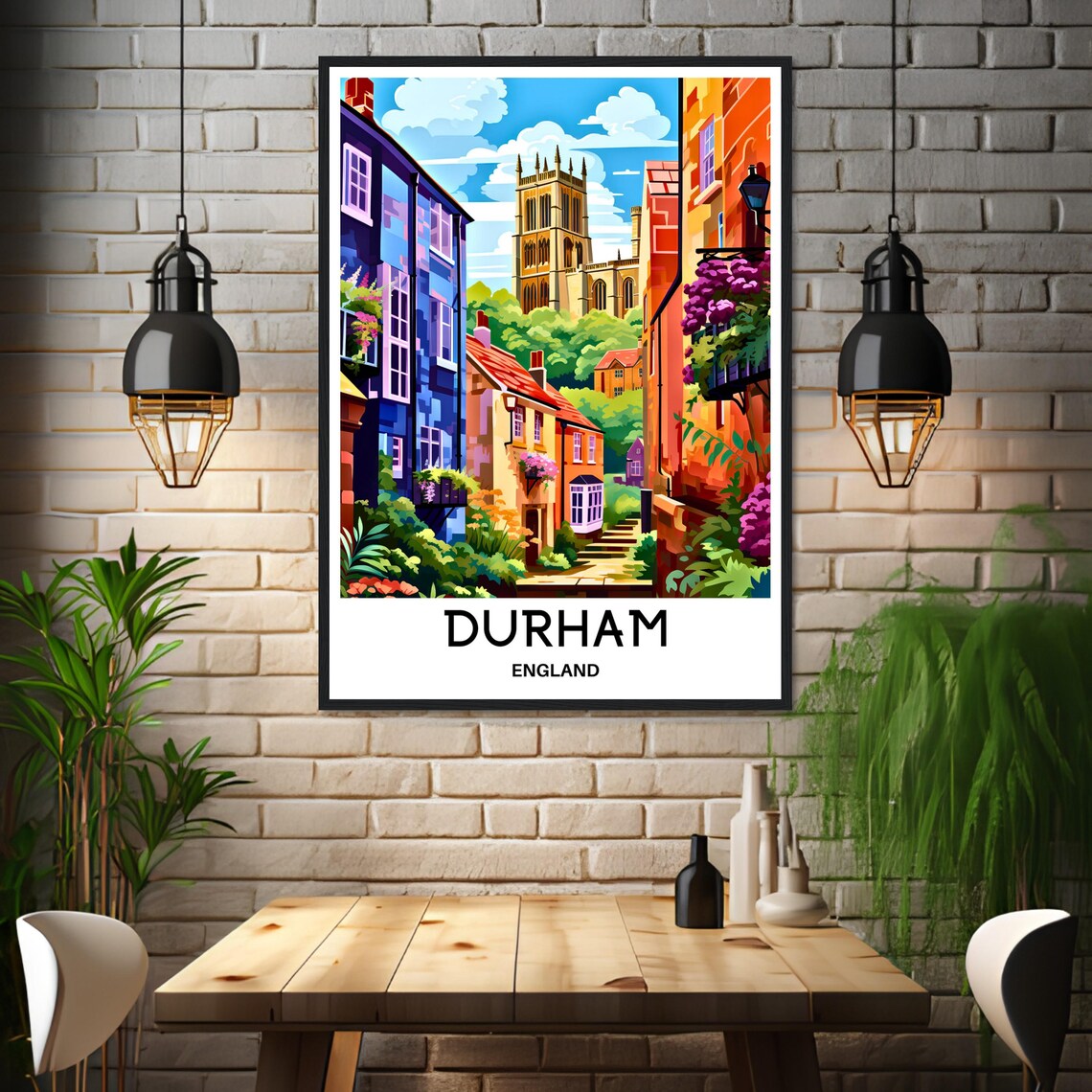 Durham England Colorful Historic Cathedral Street Illustration Poster - Image 3