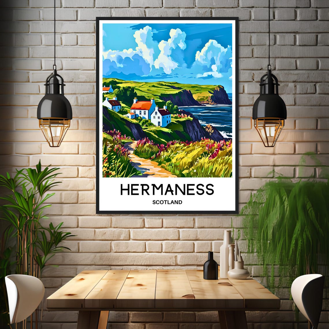 Hermaness Scotland Coastal Cliffs Cottages Illustrated Travel Poster - Image 3