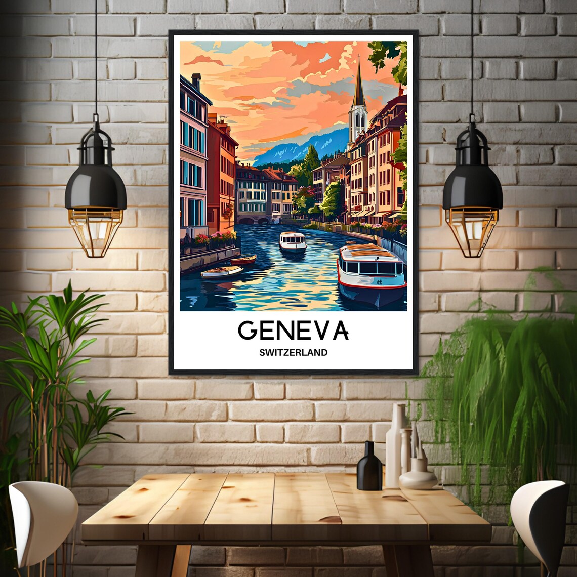 Geneva Switzerland Golden Riverside Sunset Boats Travel Poster - Image 3