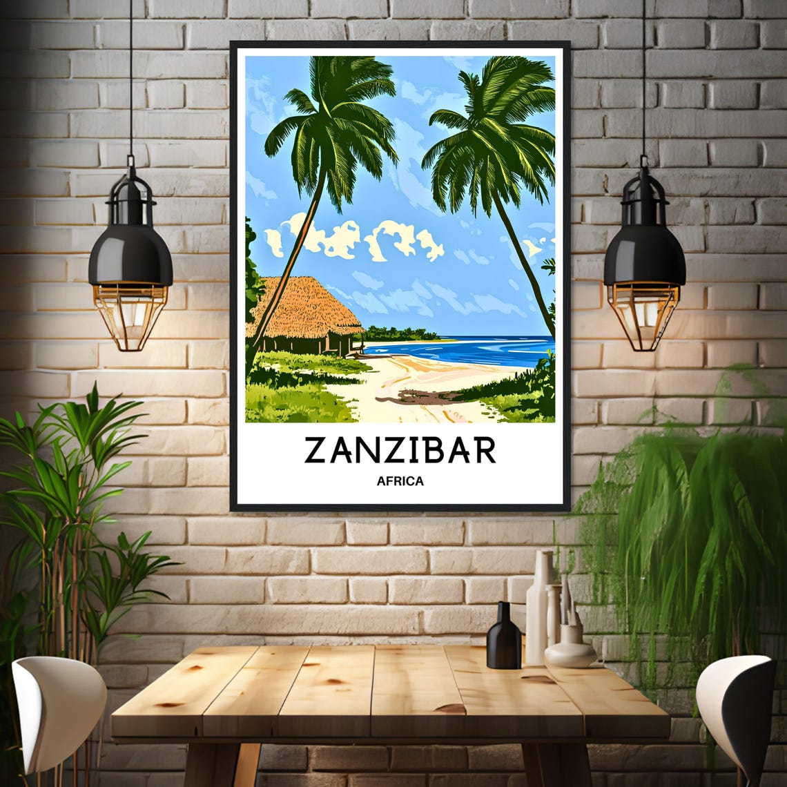 Zanzibar Africa Palm Beach Thatch Hut Tropical Island Travel Poster - Image 3