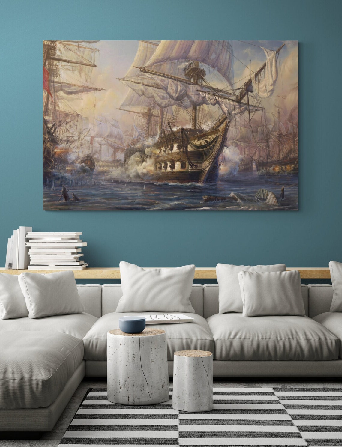 Tall Ships Naval Battle Golden Cannon Fire Historic Sea Art Poster - Image 2