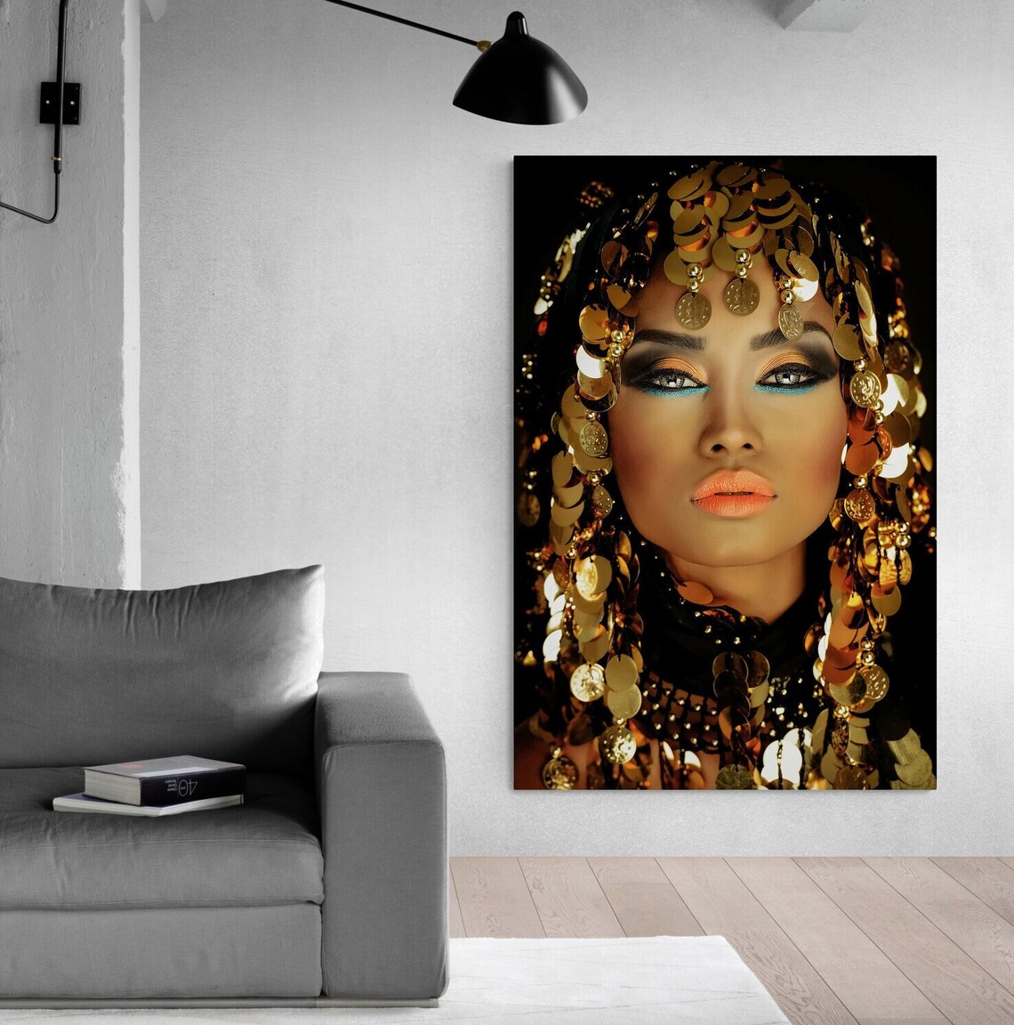 African Woman Gold Body Paint Portrait Glitter Elegant Dark Wall Art - Image 2