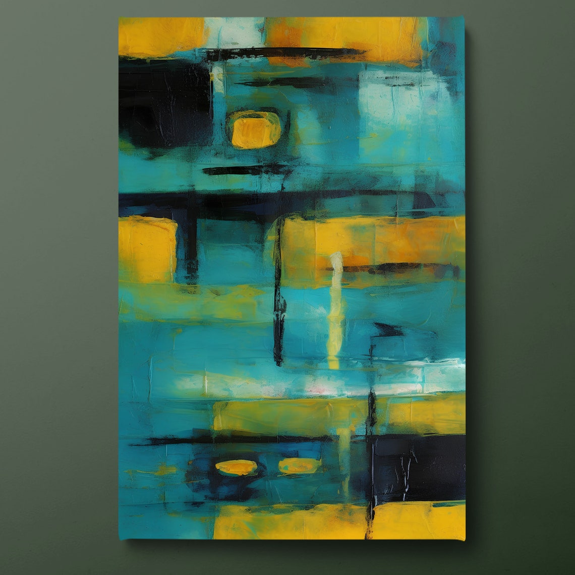 Turquoise Gold Geometric Blocks Mid Century Modern Abstract Art Poster