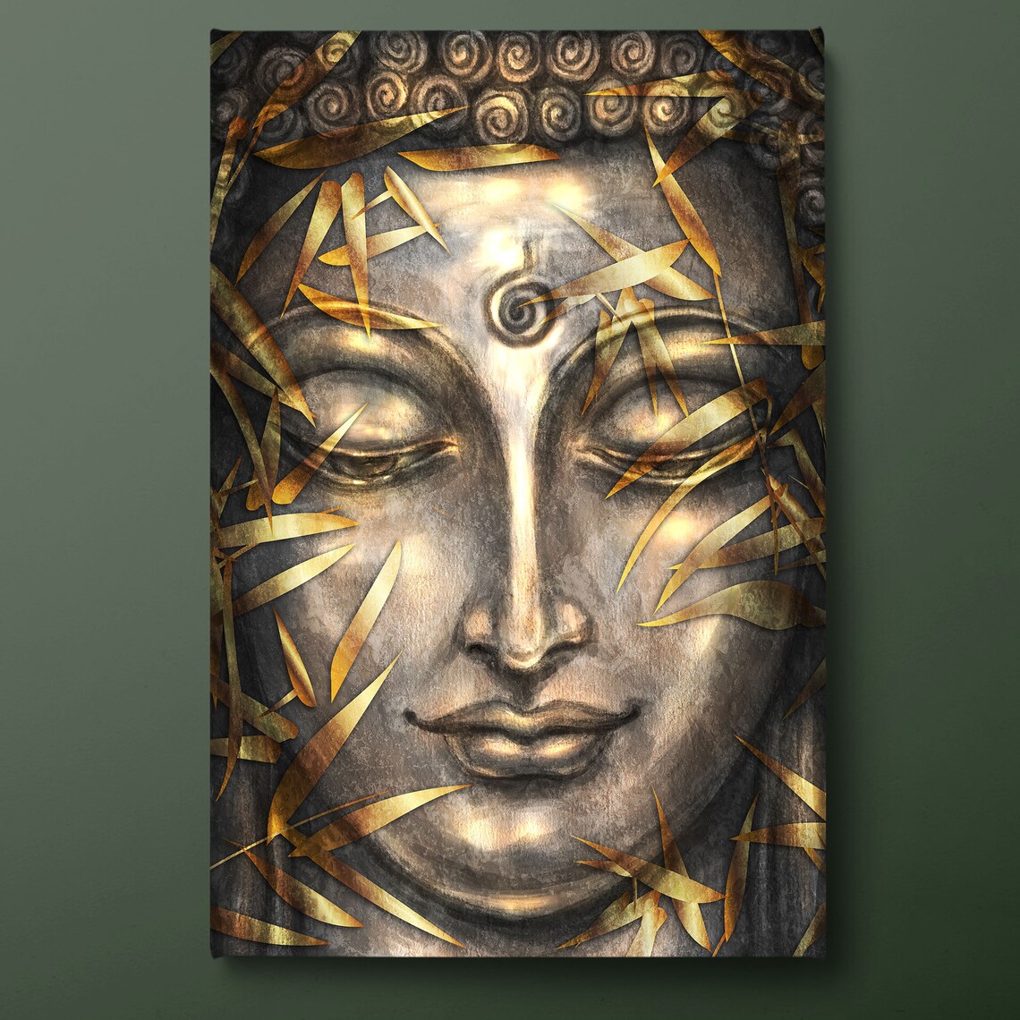 Golden Buddha Face With Bamboo Leaves Spiritual Zen Meditation Wall Art