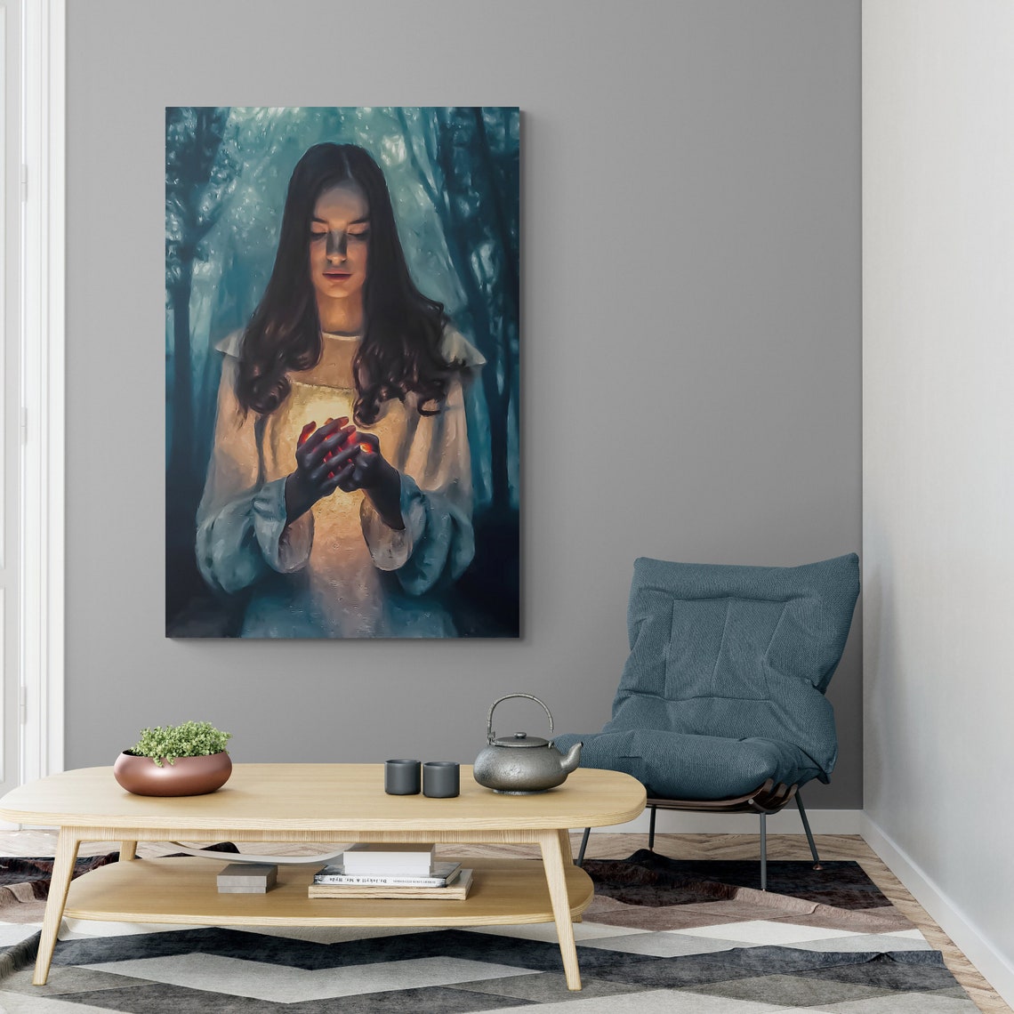 Mystical Woman Holding Ember In Blue Forest Fantasy Art Poster - Image 2