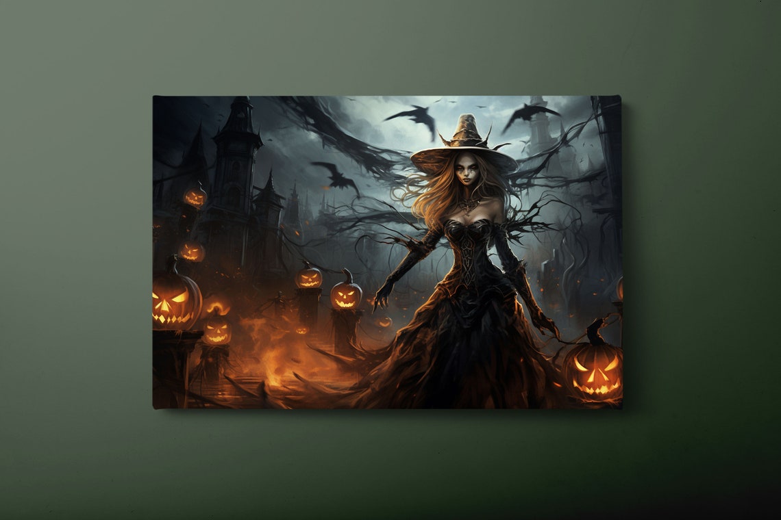 Witch With Glowing Pumpkins In Haunted Village Halloween Art Poster