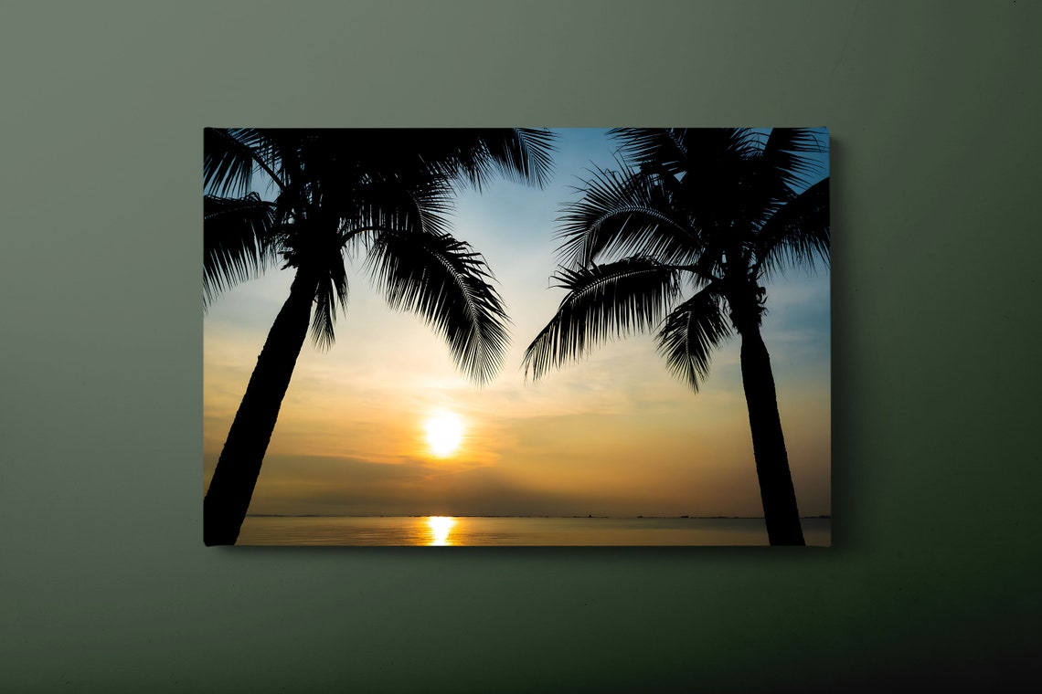 Twin Palm Trees Silhouette Over Golden Ocean Sunset Beach Poster