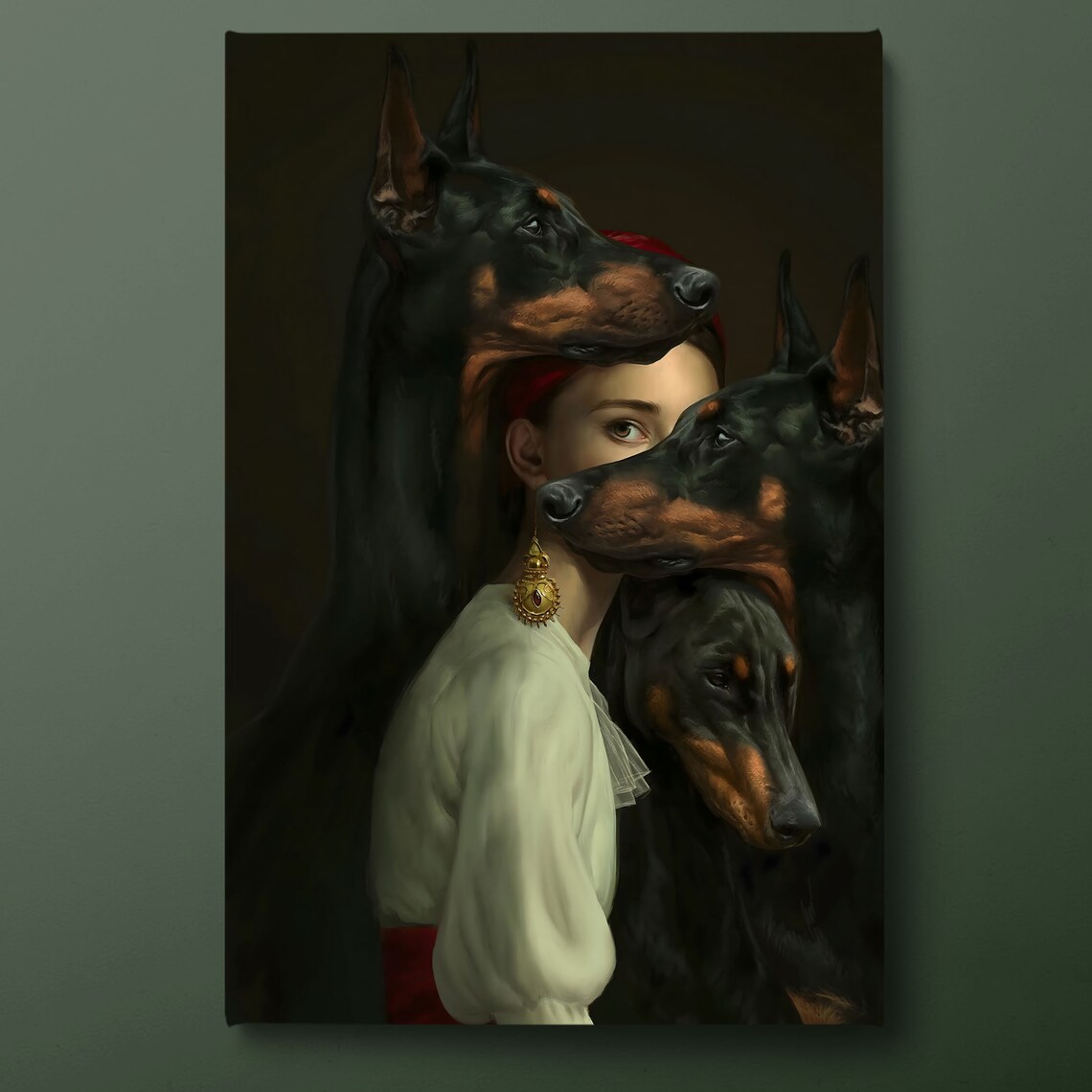 Woman And Doberman Pinscher Portrait Art Print