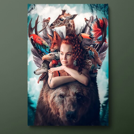 Woman With Fox Lion Giraffe Nature Wildlife Portrait Painting Wall Art