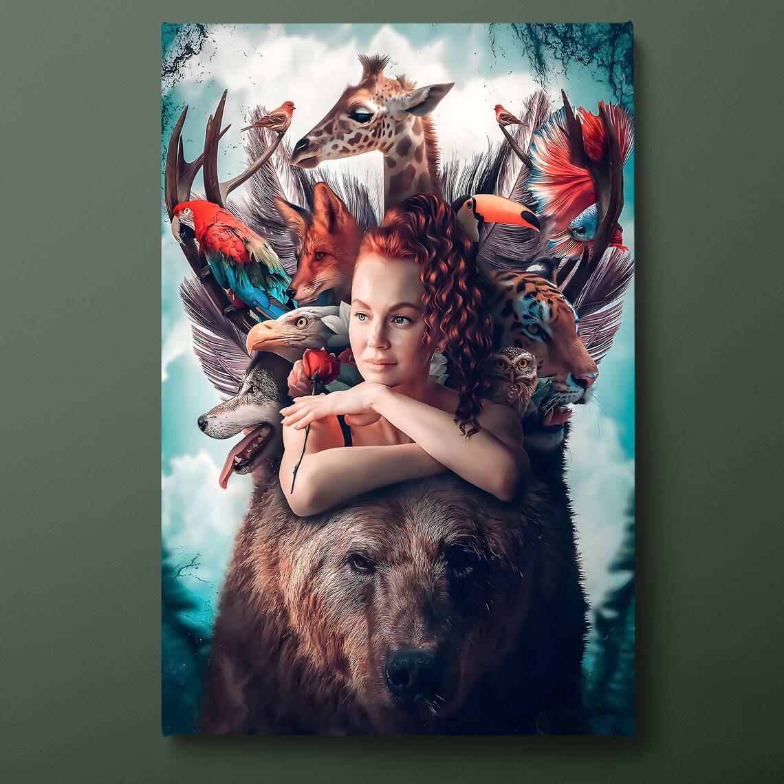 Woman With Fox Lion Giraffe Nature Wildlife Portrait Painting Wall Art
