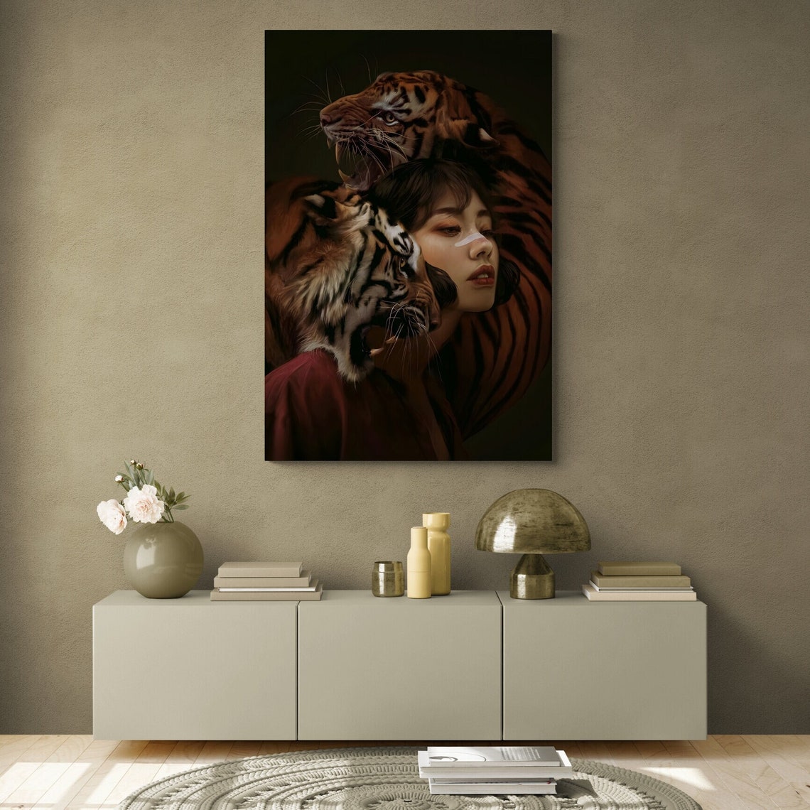 Woman Embraced By Two Tigers Dark Dramatic Portrait Art Print Poster - Image 2