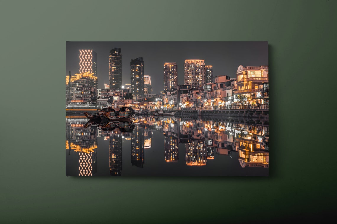 City Skyline At Night With River Reflections Urban Night Poster