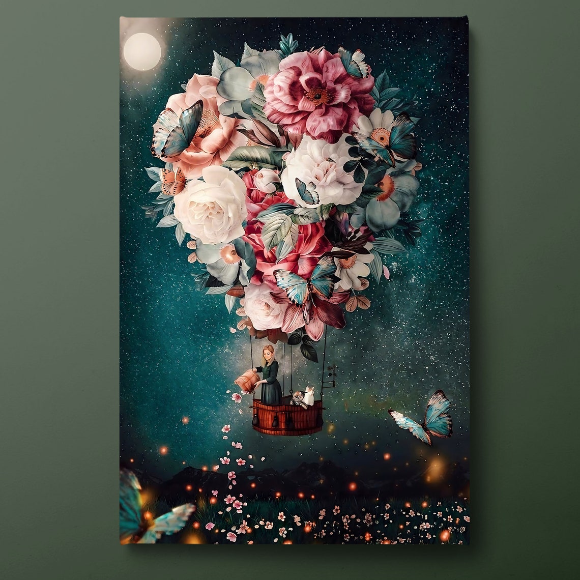 Floral Hot Air Balloon Surreal Flower Sky Dreamy Pastel Wall Art