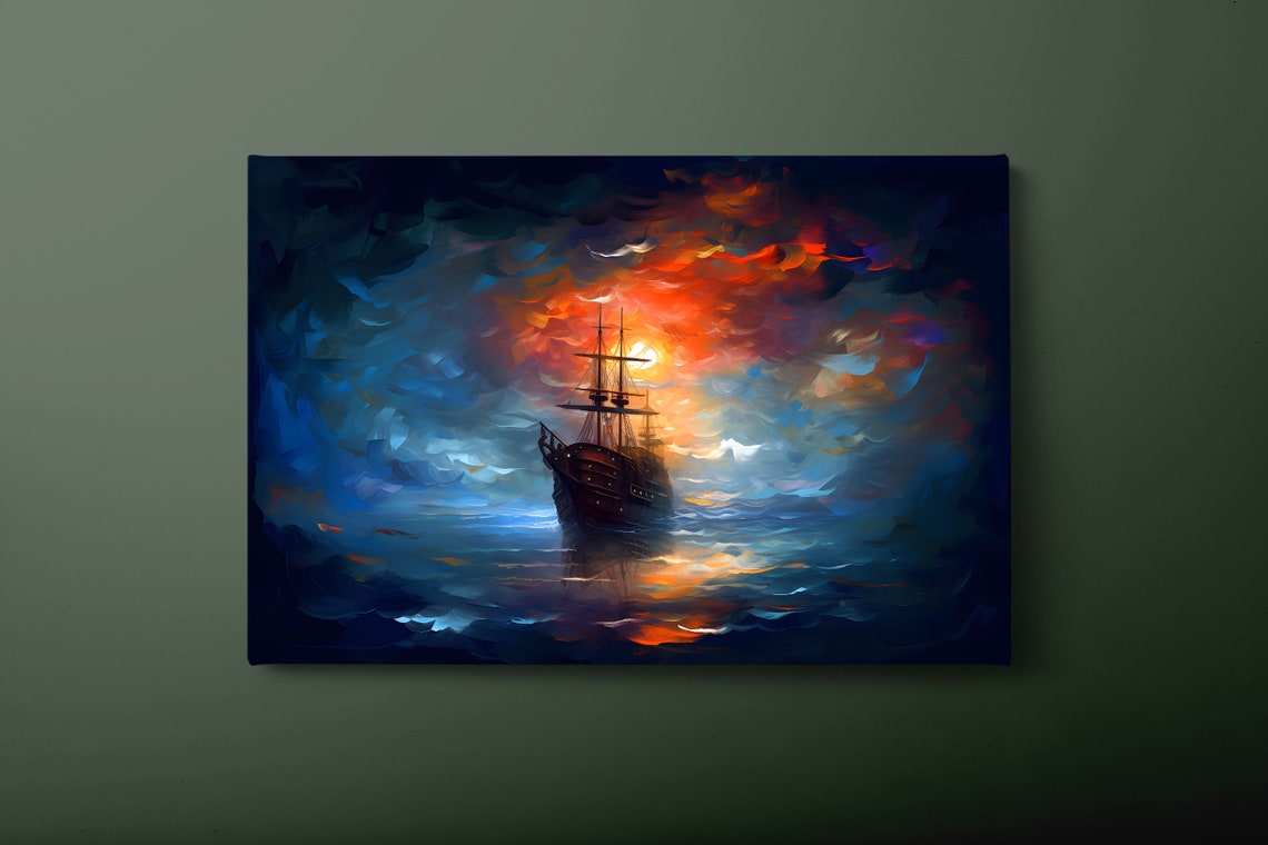 Abstract Ship Silhouette Fiery Sunset Ocean Waves Dramatic Art Poster