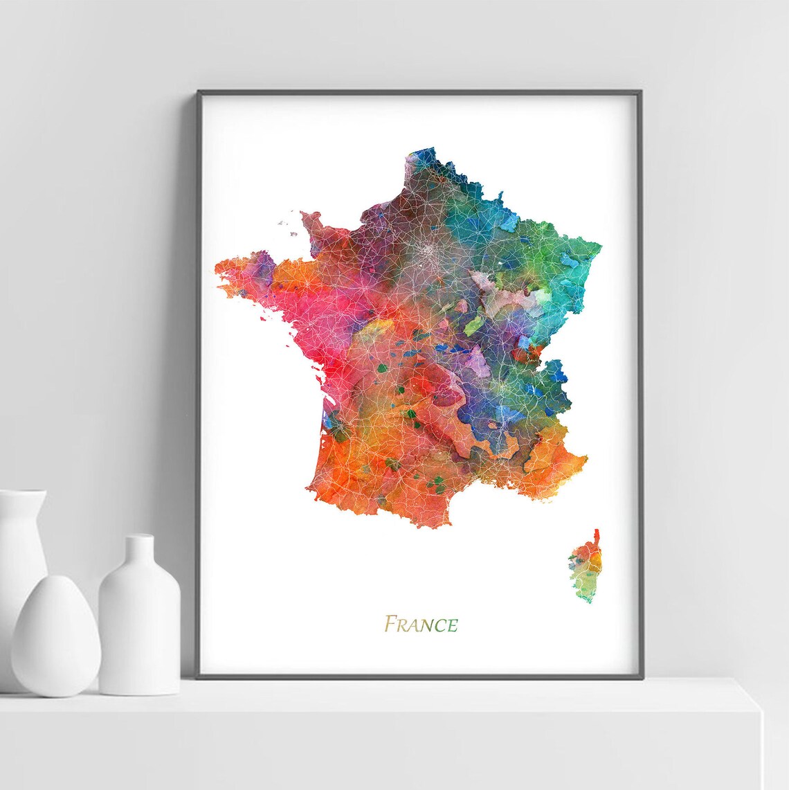 France Map Watercolor Poster, Abstract Modern