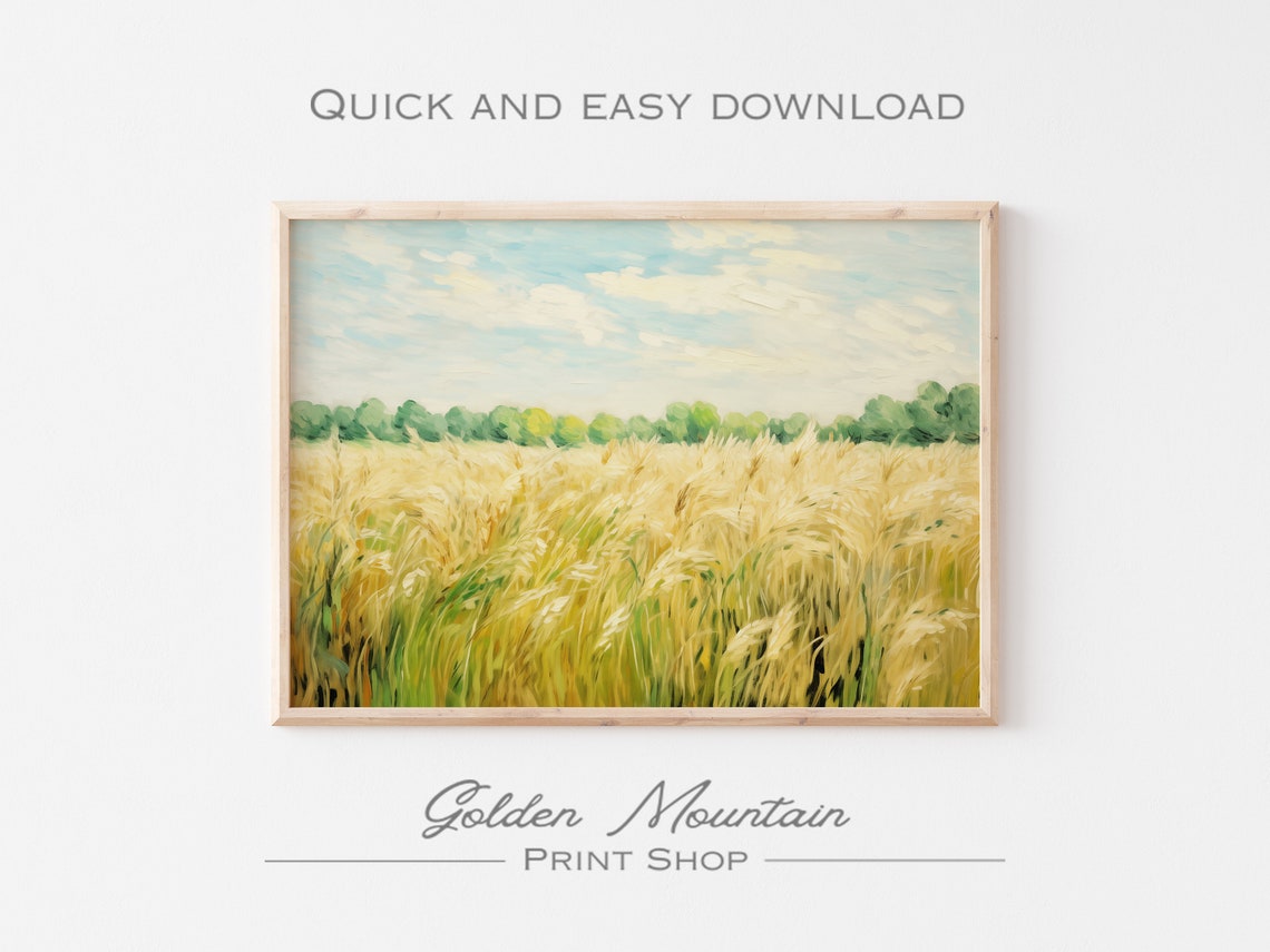 Golden Wheat Field Under Blue Sky Impressionist Country Print - Image 3