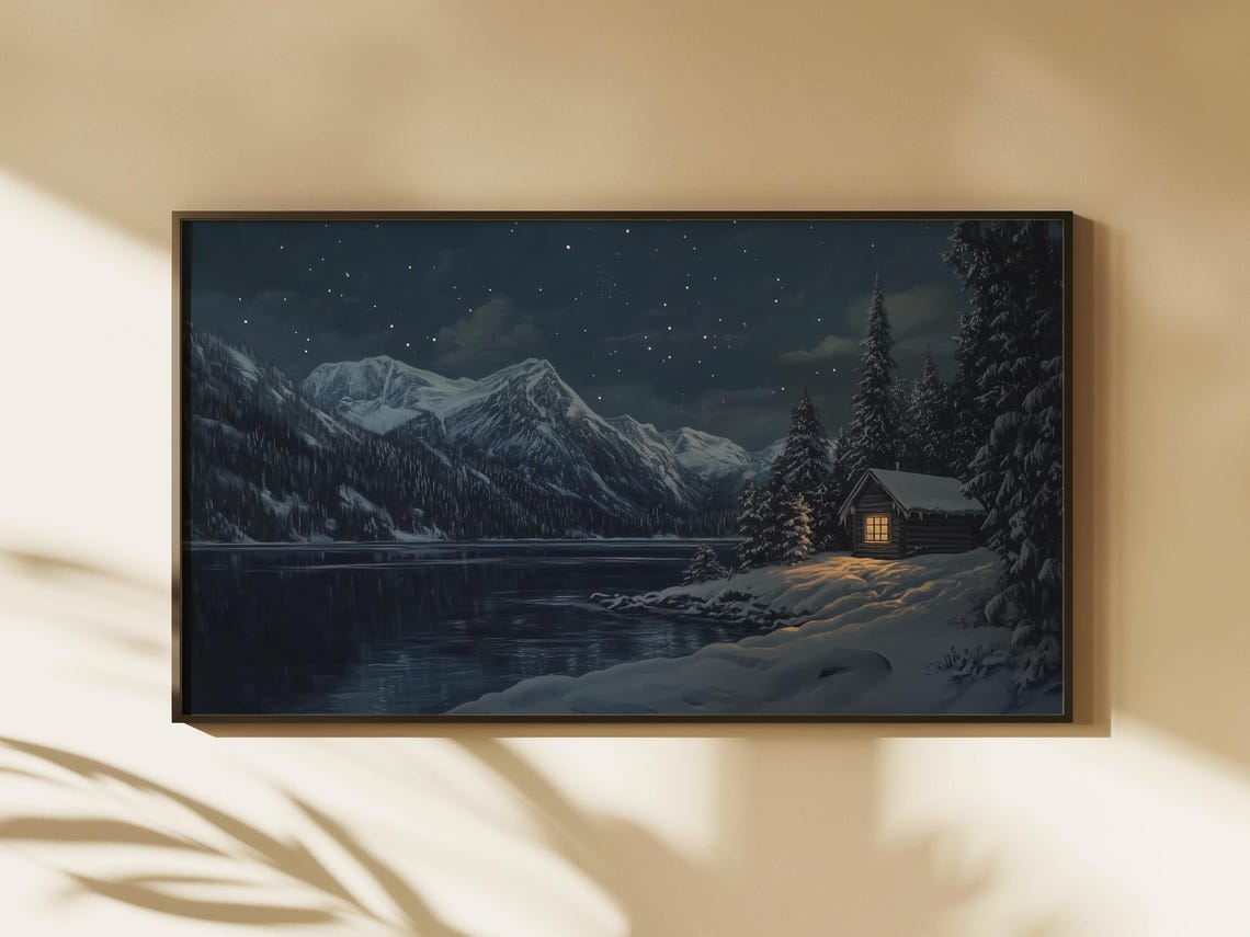 Starry Night Mountain Lake Cabin Snowy Winter Landscape Wall Art - Image 2