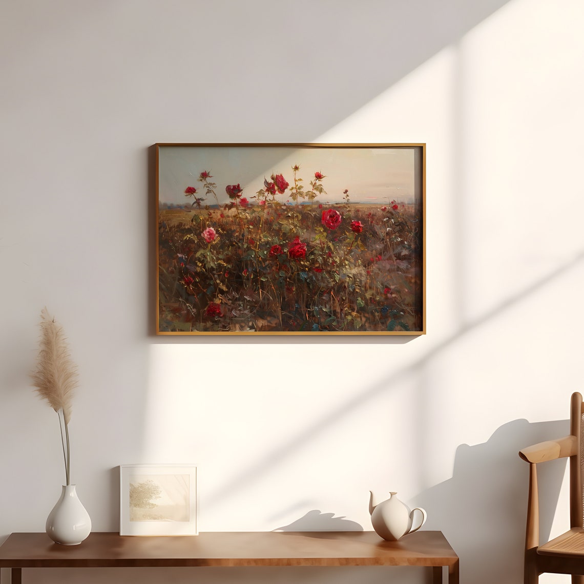 Wild Red Roses Field Moody Dark Country Landscape Decor Wall Art - Image 3