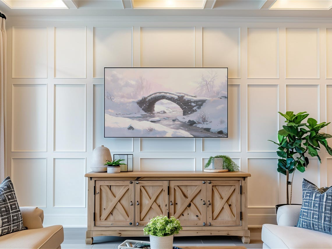 Stone Bridge Over Snowy Creek Winter Dawn Pink Sky TV Wall Art - Image 3