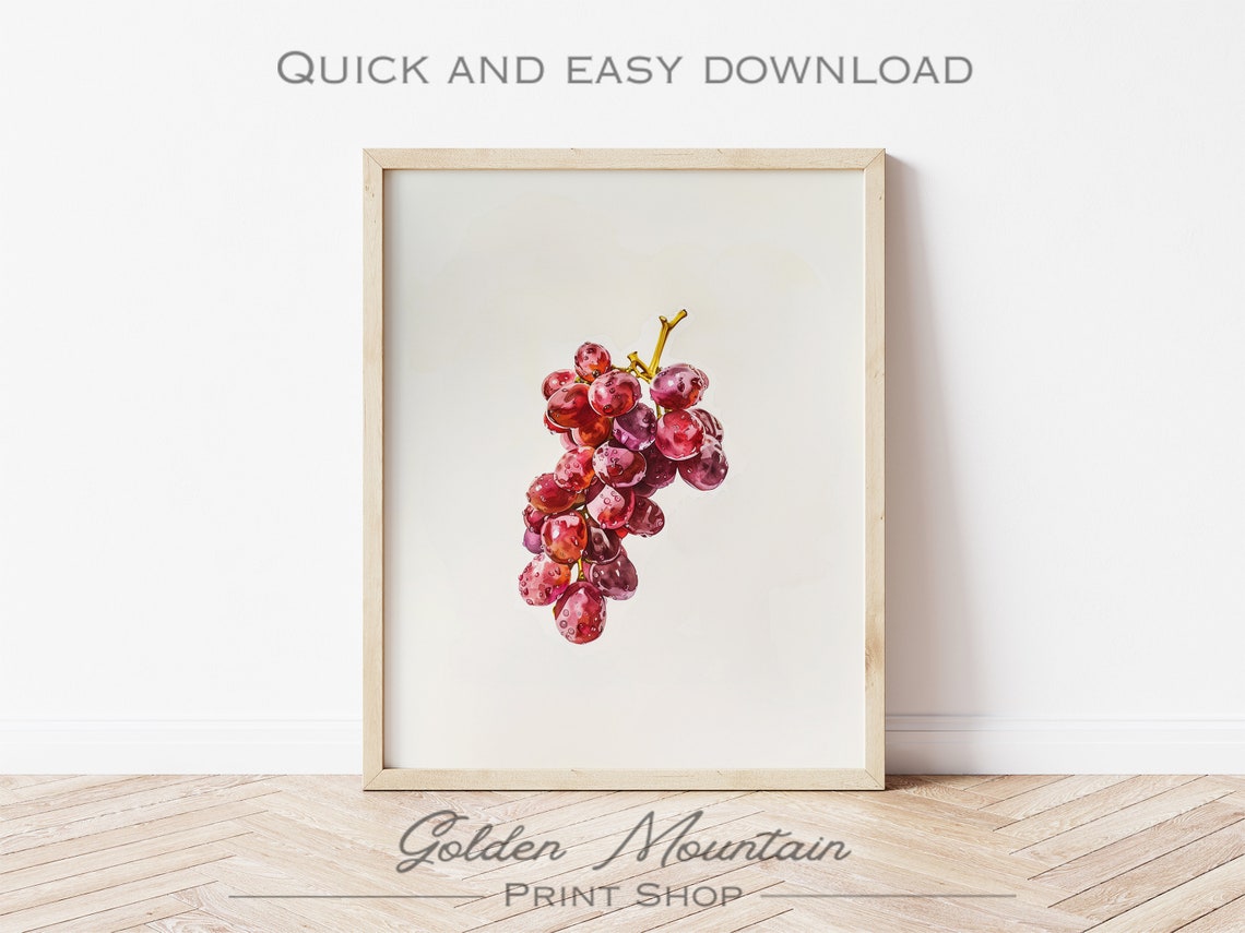 Red Grapes Watercolor Botanical Fruit Kitchen Painting Wall Art - Image 2