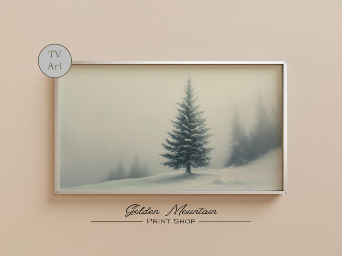 Lone Snowy Pine Tree Foggy Winter Minimalist Landscape TV Wall Art - Image 2
