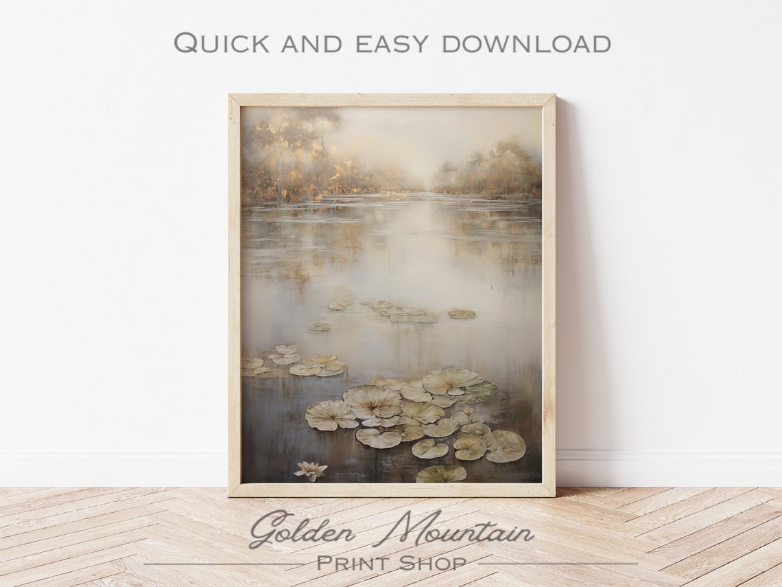 Misty Lake with Lily Pads Muted Sepia Watercolor Landscape Print - Image 3