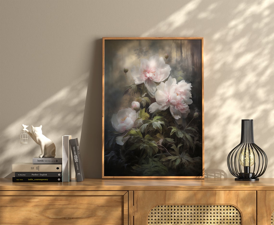 Blush Peonies Dark Moody Botanical Vintage Oil Painting Print - Image 3