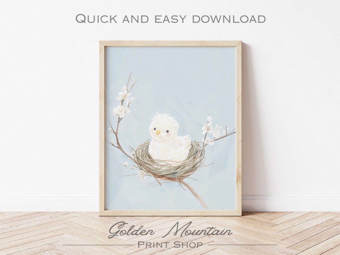 Cute White Baby Bird in Nest on Blossom Branch Nursery Print - Image 3