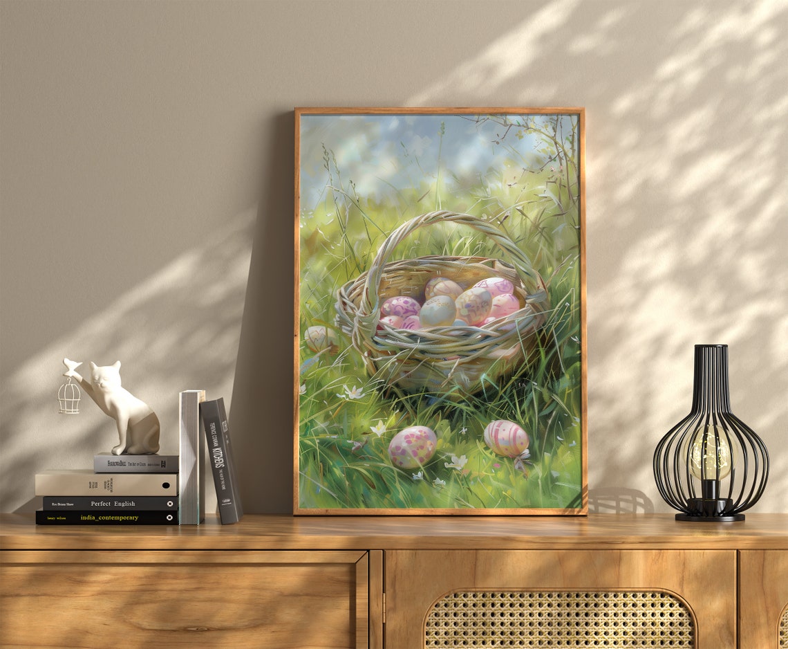 Pastel Painted Easter Eggs Basket in Spring Meadow Art Poster - Image 3