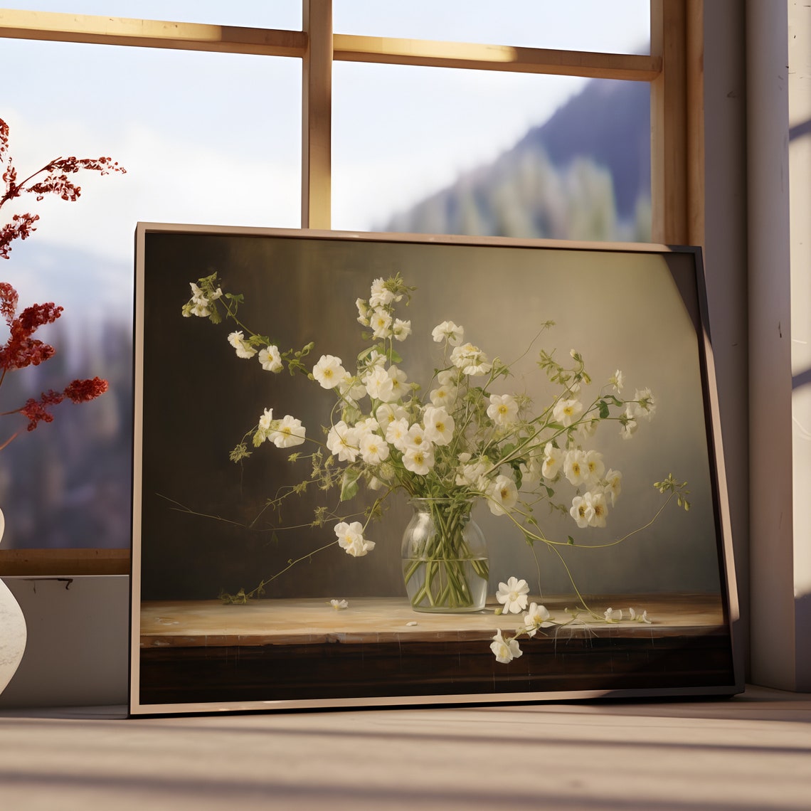 Moody Spring Wall Art White Flower Bouquet Art Dark Academia Art Easter Floral Wall Art Cottagecore - Image 2